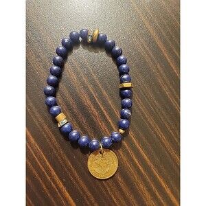 Vintage Lapis Lazuli Bracelet With Goldtone Rhinestone Accents Mexico Coin 1976